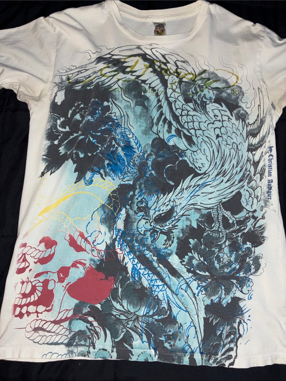 Christian Audigier White Tee with Multicolor Dragon & Floral Graphic